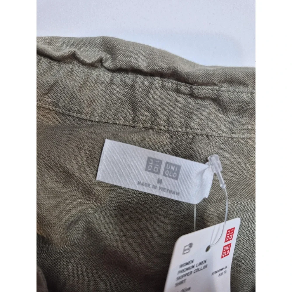 Uniqlo Shirt Womens Medium Green Linen Skipper Collar Pullover Top Long Sleeve - Picture 3 of 10